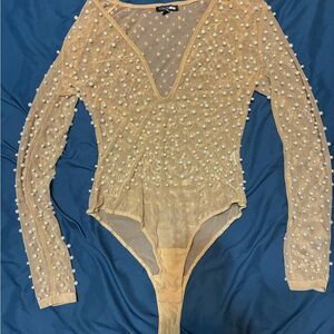 Fashion Nova Tan Mesh Bodysuit with Pearl Details